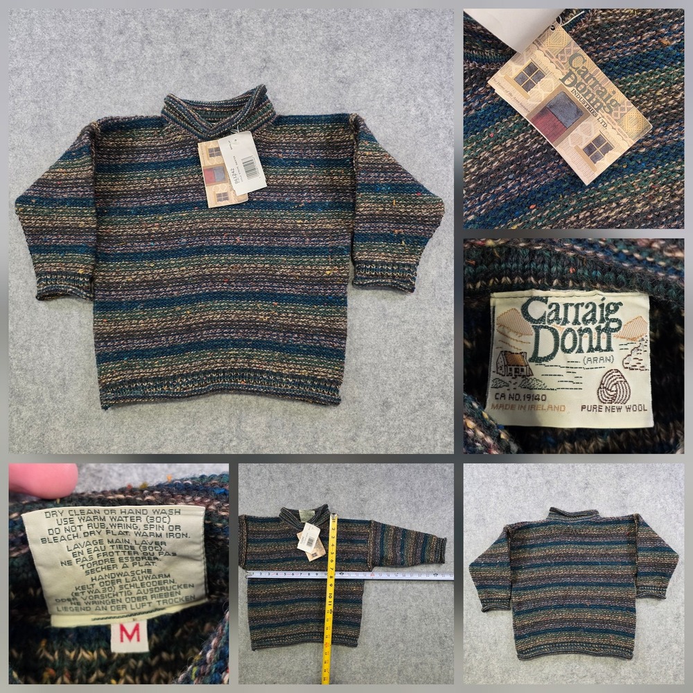 Carraig Donn Sweater Kids M Blue Stripe Wool Mock Neck Knit Pullover Ireland